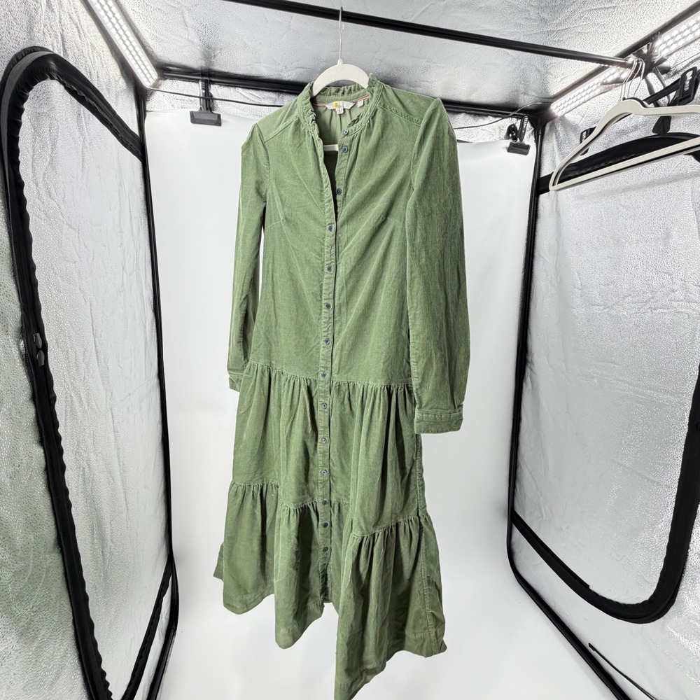 Boden Green Corduroy Tiered Maxi Dress Ruffle Neck Long Sleeve US 2R Belted